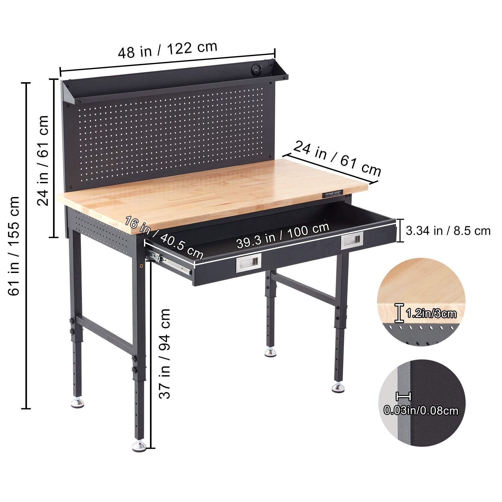 VEVOR Workbench 48"X24" Solid Wood Top Workbench with Drawer Pegboard Outlets