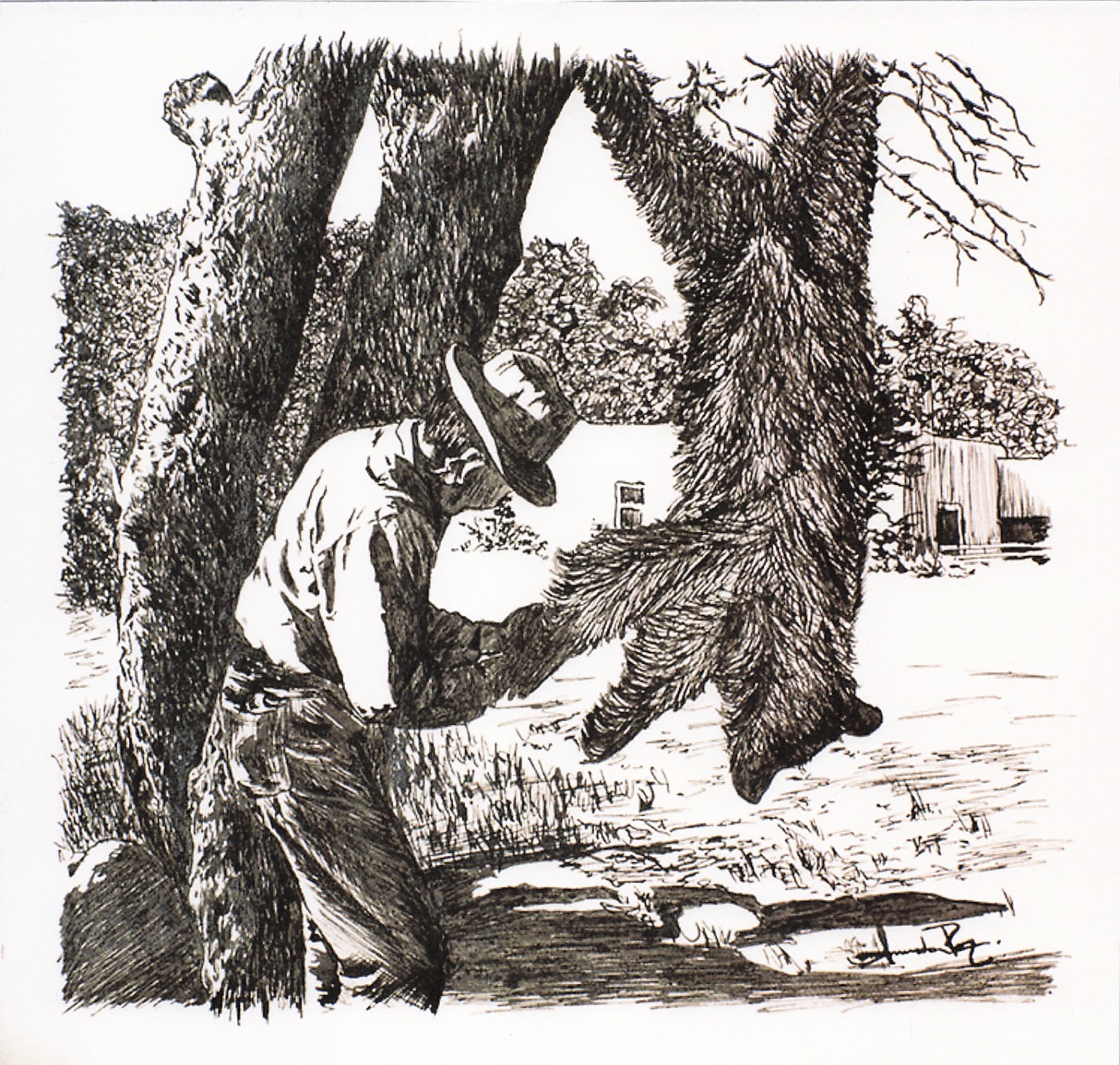 Vintage Hunting Camp Bear Pelt Cabin Scene Print 8.5 x 8 Rustic Folk Art Wall