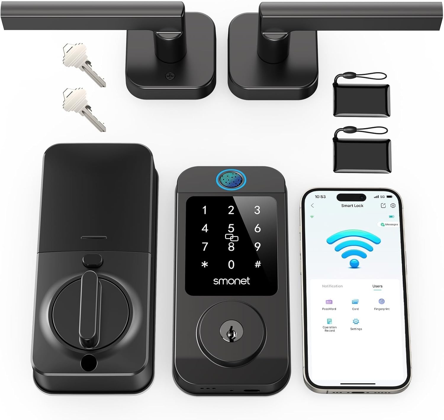 SMONET Smart Door Lock Lever Handle Set Keyless Entry Built-in WiFi Deadbolt APP