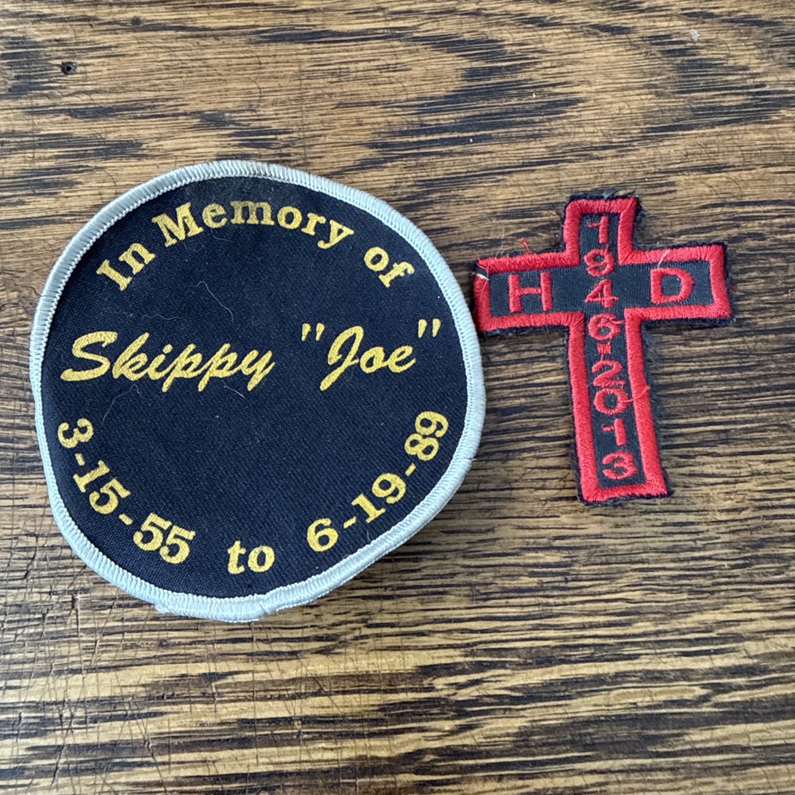 Pair of Vintage Biker Motorcycle Sew On Patches Harley Davidson Cross Skippy Joe