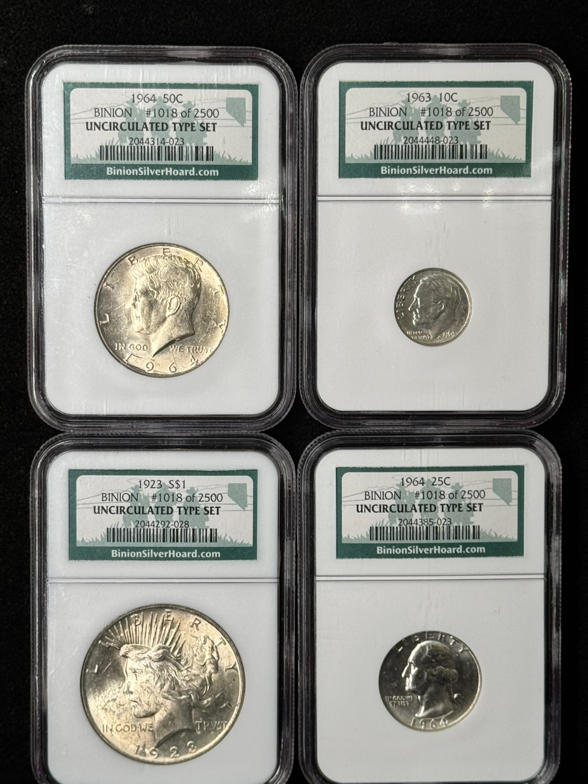 Binion Collection Silver Type Set 1923 Peace Dollar, 1964 50c/25c, 1963 10c