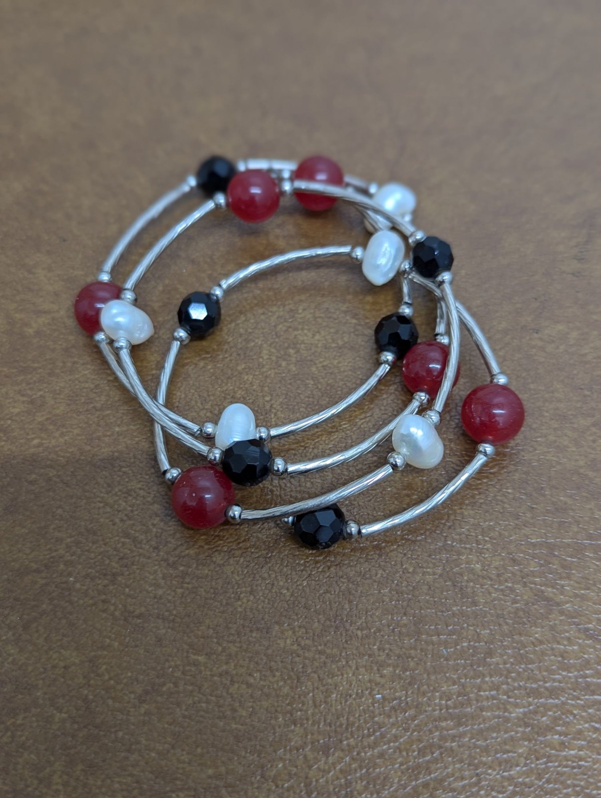 Handmade Beaded Bracelet With Red White & Black Beads On Silver Wire