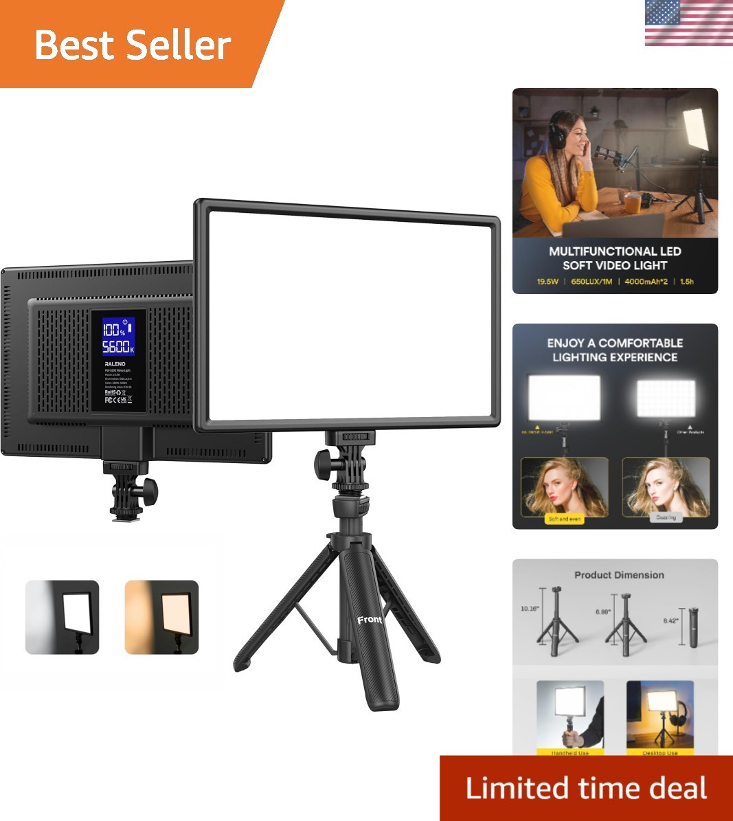 Adjustable 13" LED Panel Light - 650Lux Soft Illumination for TikTok Recording