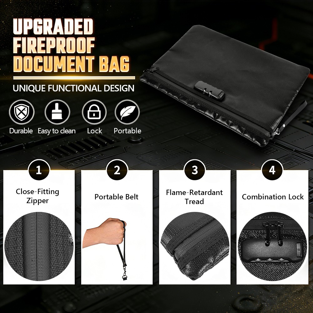 Fireproof Money Bag with Lock Waterproof Document Pouch Safe Storage Travel Case