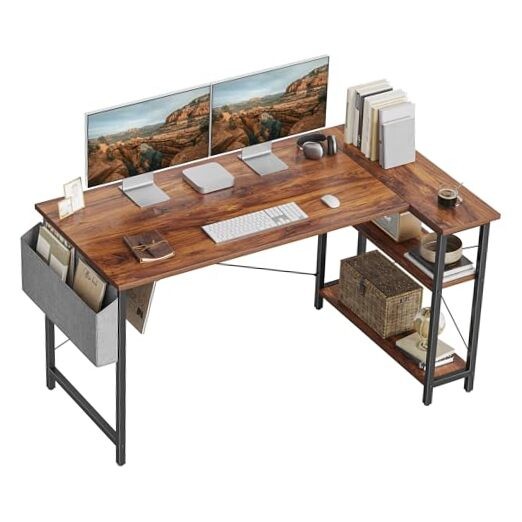 L Shaped Desk, 55" Computer Table with Reversible Storage 55 inch Brown
