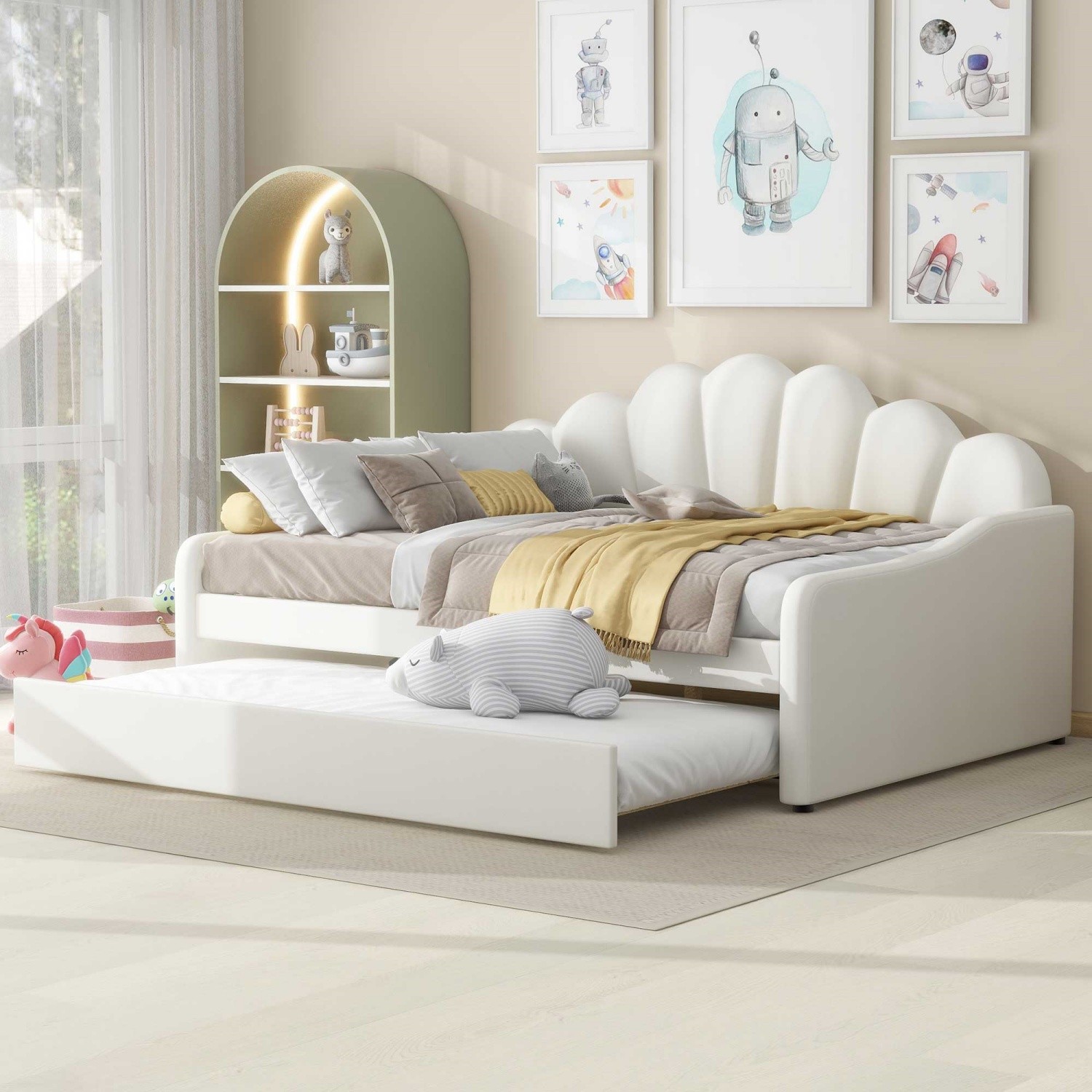 Full Size Daybed Velvet Upholstered Bed Frame Sofa Bed w/ Trundle White/Pink