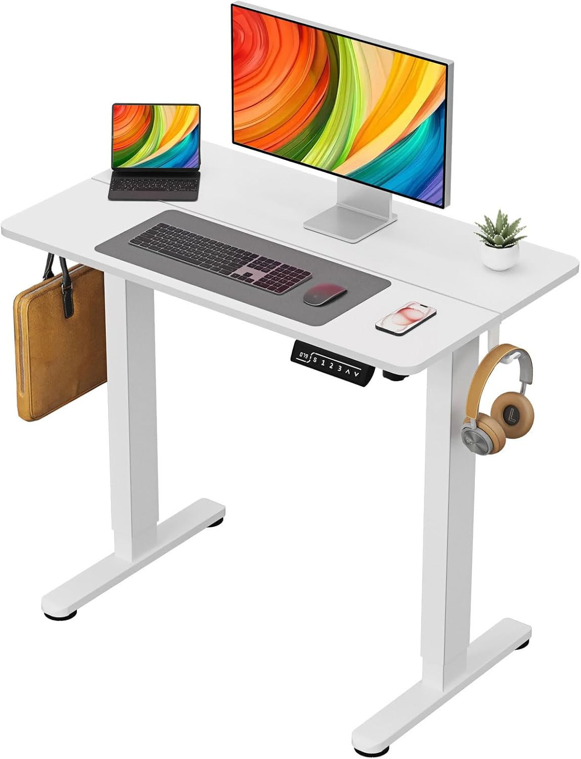 Small White Electric Standing Desk, 35×20 Inch Computer Desk | Sit Stand Rising