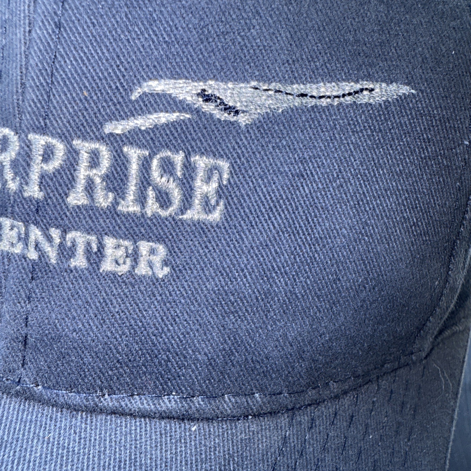 Enterprise Jet Center w Jet in Silver on Blue Hat Cap KHOU on Back Hook Loop