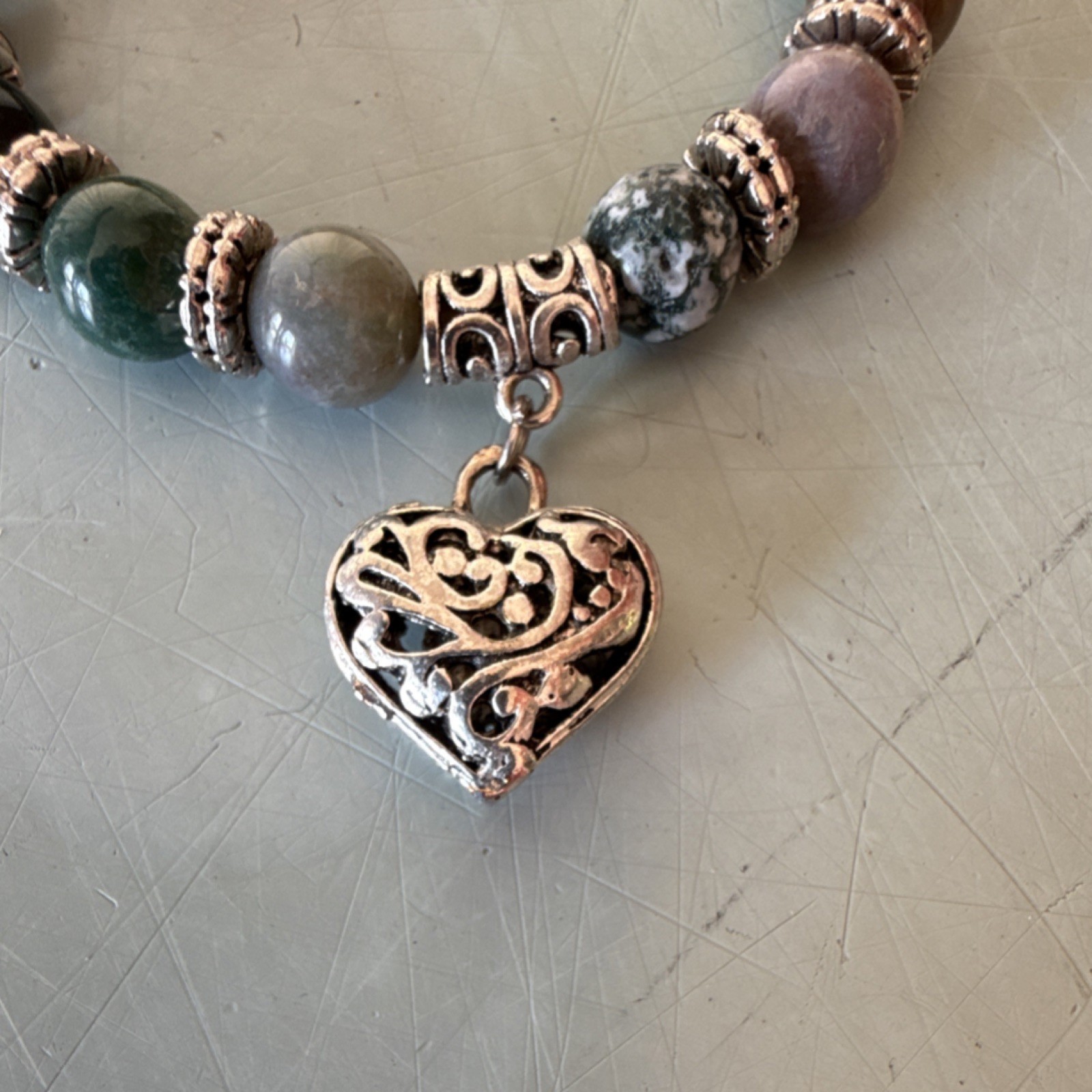 Multicolor Gemstone Beaded Bracelet with Heart Dangle Charm