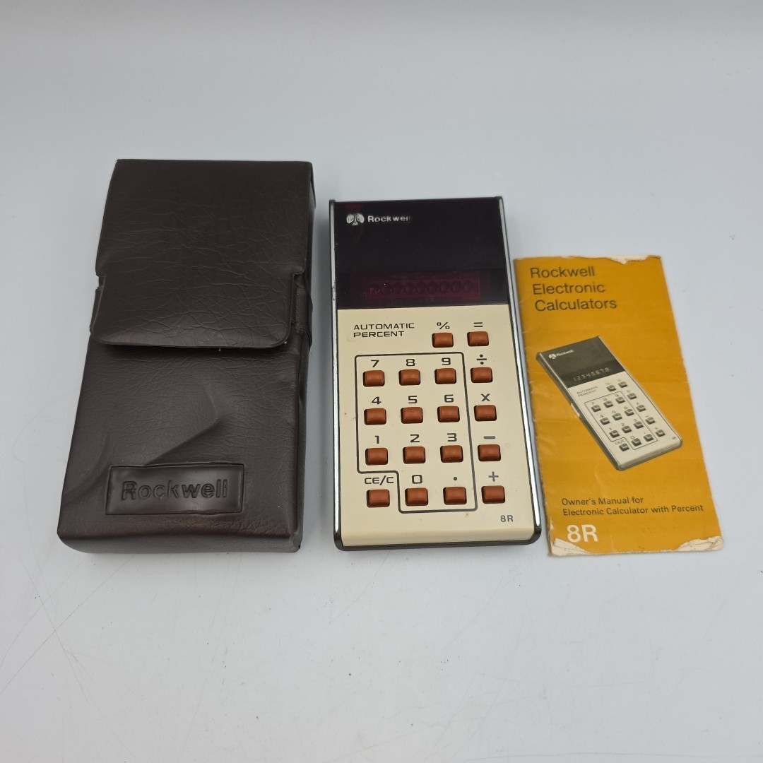 ROCKWELL 8R Vintage Calculator Red LED Sears Microelectronic Works Original Case
