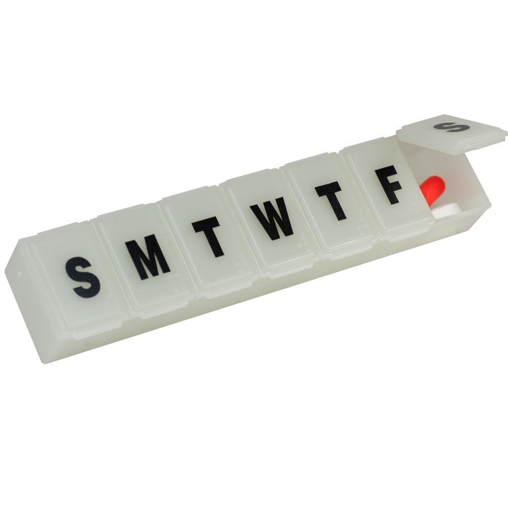 Glow In The Dark PILL DISPENSER Holder Organizer Vitamin Case Box 7 Day Reminder