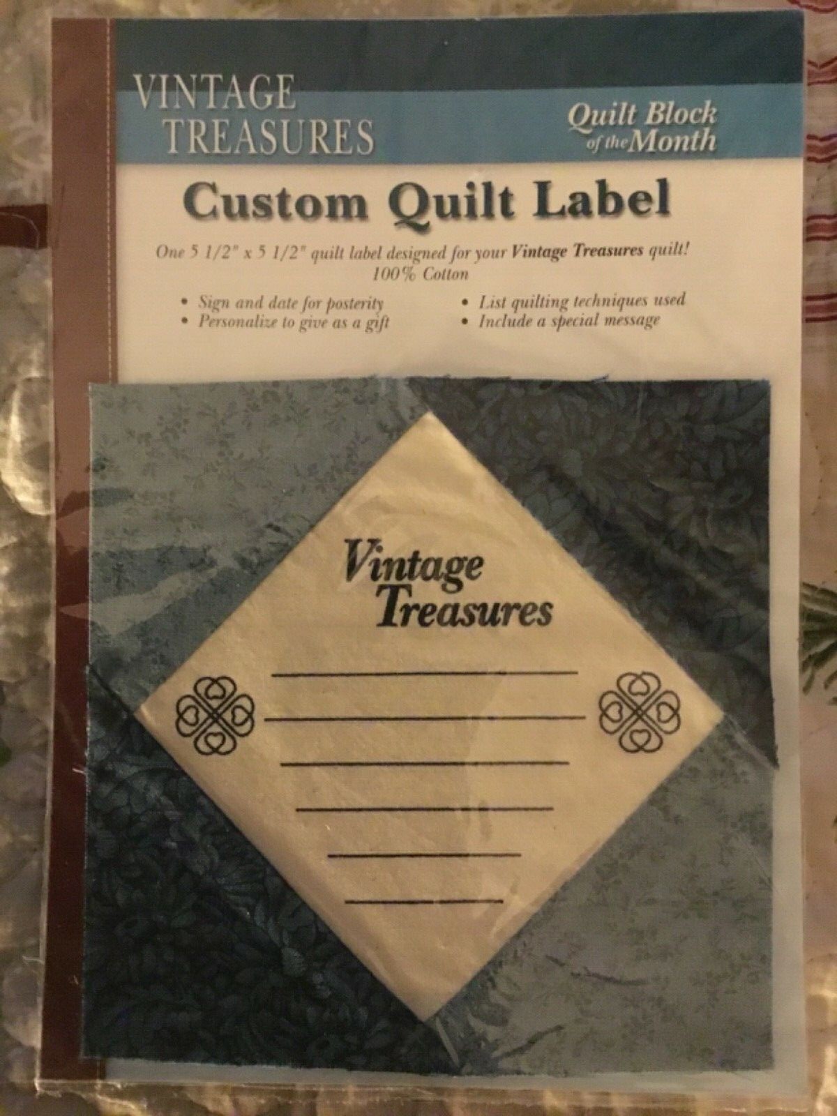 Quilt Blocks Vintage Treasures Custom Quilt Label 5-1/2" Square Blue NEW