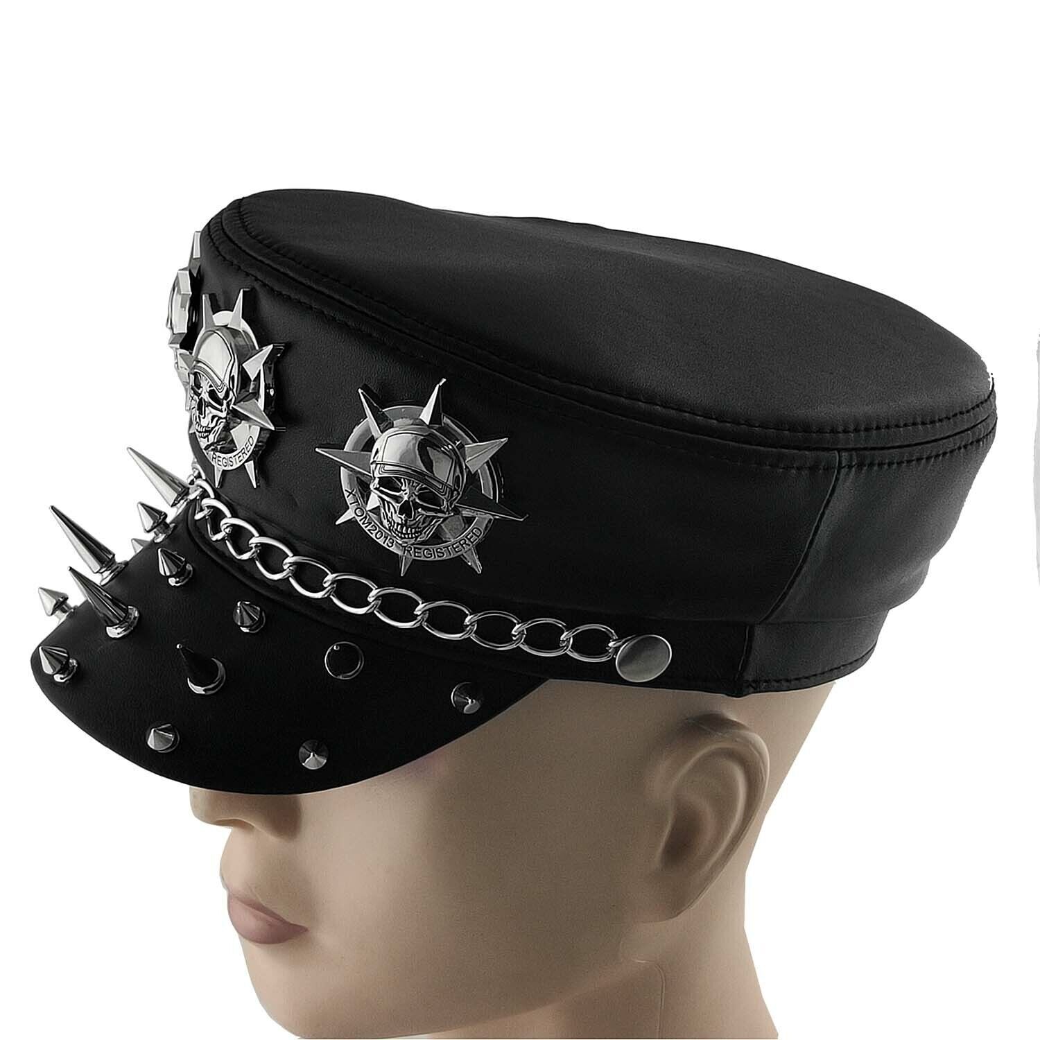 Fashion Punk Hats Real Leather Biker Cap Causal Steampunk Rivet Hat