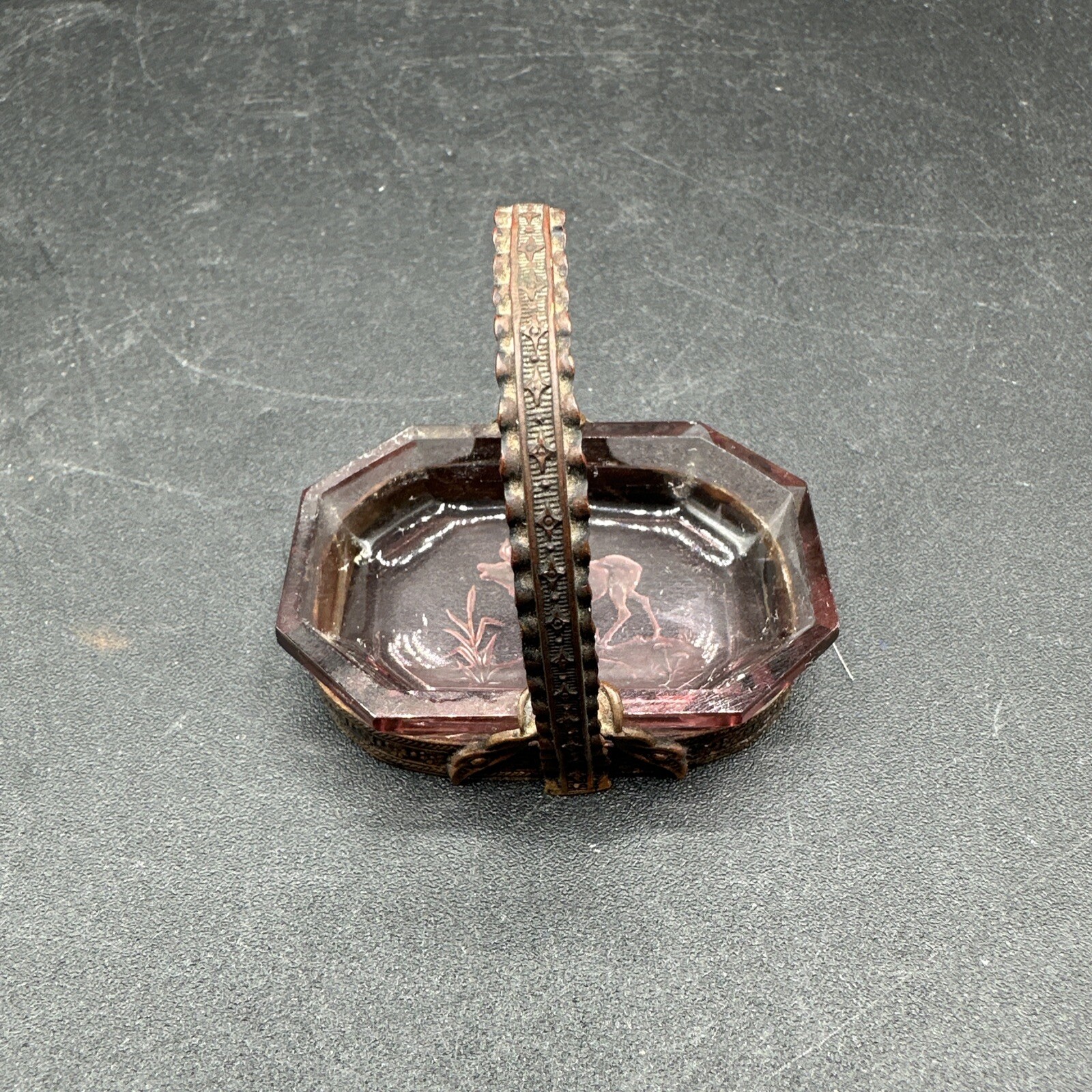 Vintage Miniature Amethyst Glass Lined Copper Basket 2 1/4” X 1 1/2” Elk Emboss