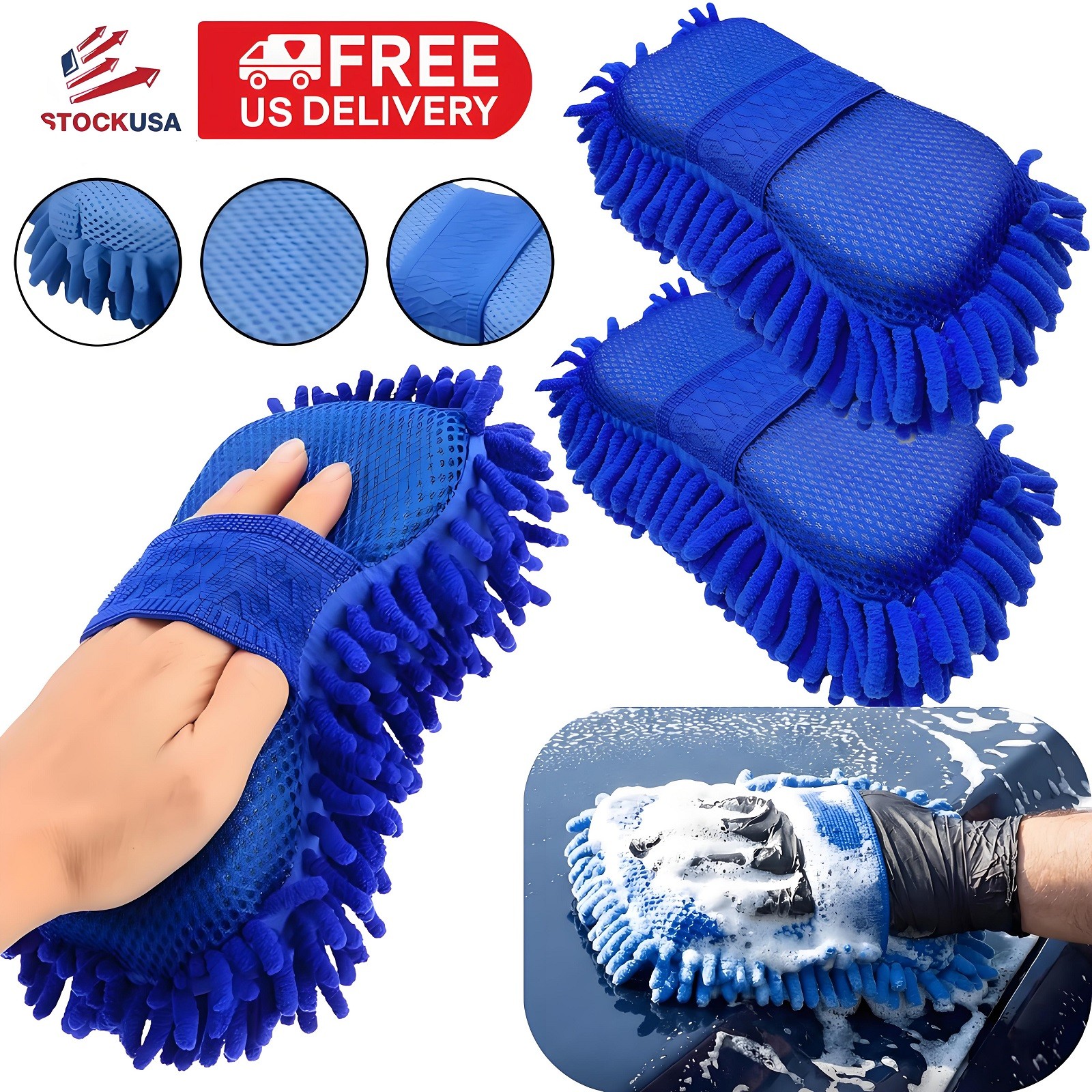 3× Car Auto Hand Wash Towel Microfiber Washing Gloves Coral Sponge Cleaning Tool