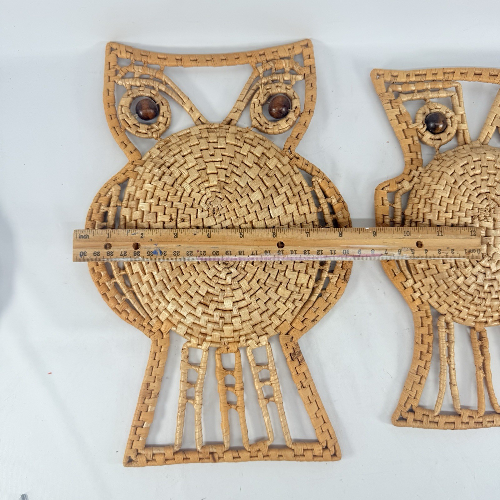Handcrafted Woven Owl Basket Wall Hanging Trivet Boho Rustic Fall 1970s