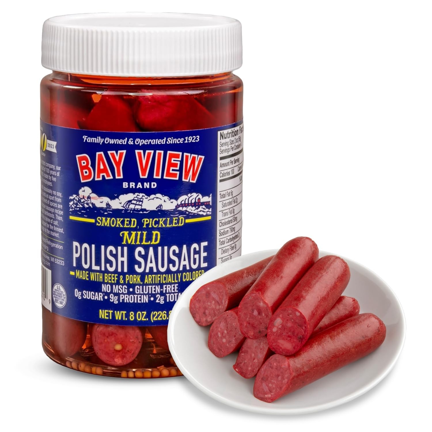 NEW PACKAGING Bay View Smoked Pickled Polish Sausage, No MSG, 8oz (Pack of 1)