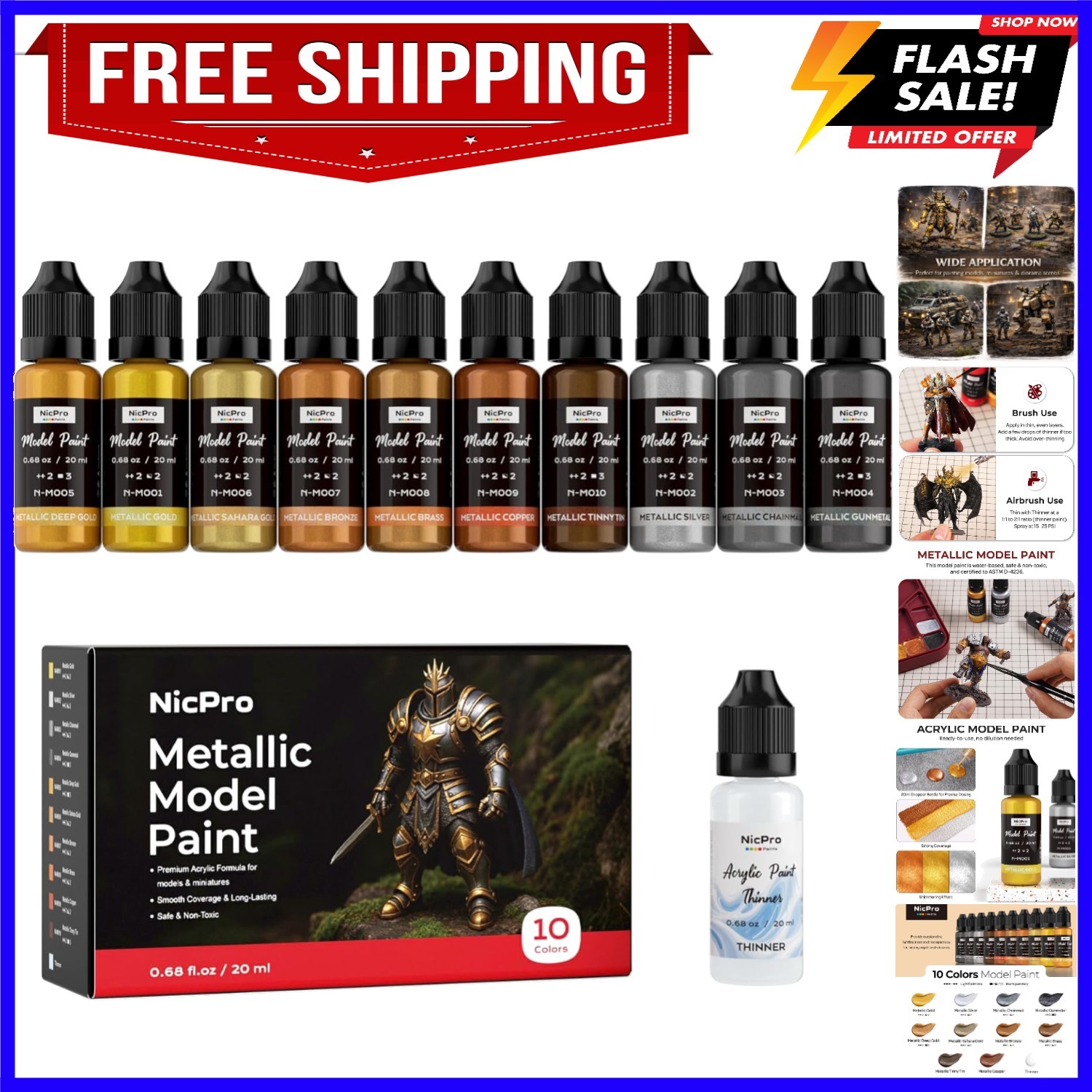 10 Colors Metallic Model Paint Set, 20ml Ready to Use Modeling Acrylic Paints...