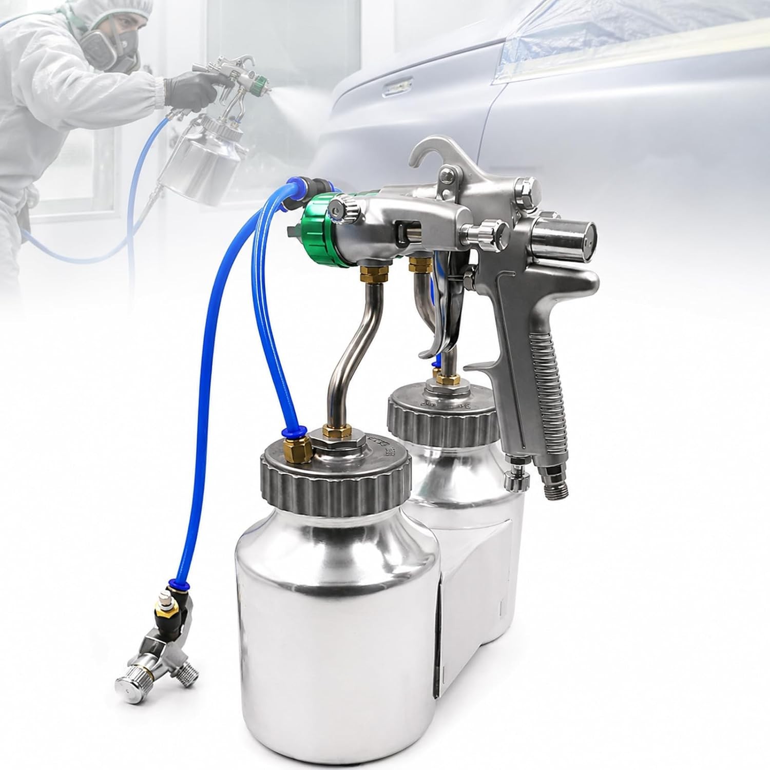 1.3MM Double Head Pressure Feed Paint Sprayer + 2 Inner Pressurized 1000ml Cans