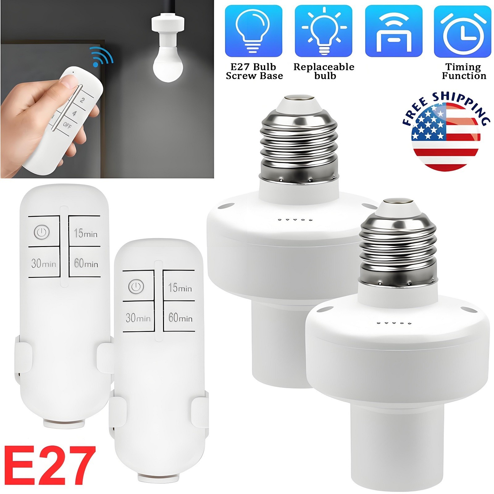 2PCS Light Bulb Socket E26 E27 Bulb Lamp Holder and 15/30/60 Min Timer Control