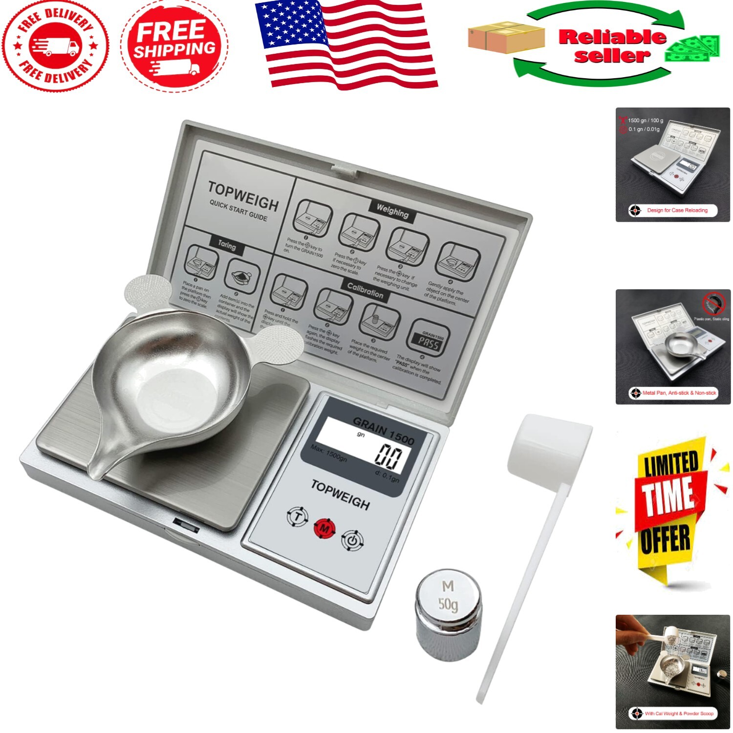 Compact Reloading Scale with Non-Stick Metal Pan & LCD Display - 100g x 0.01g