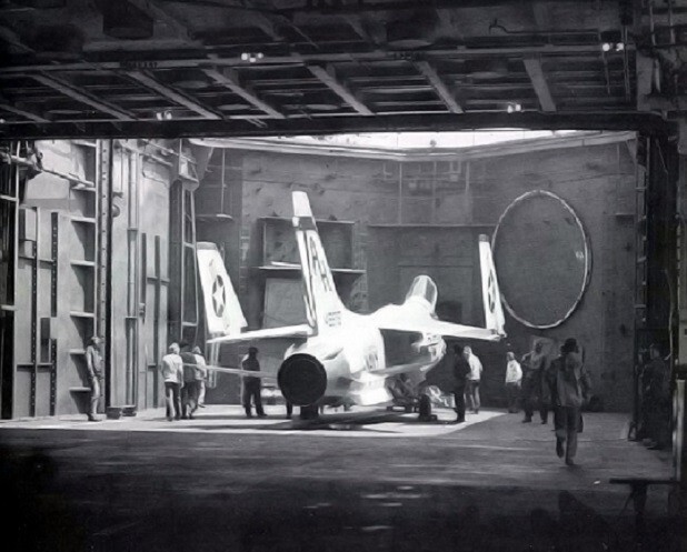 Crusader in elevator of Aircraft Carrier USS Ticonderoga Vietnam War Photo 779