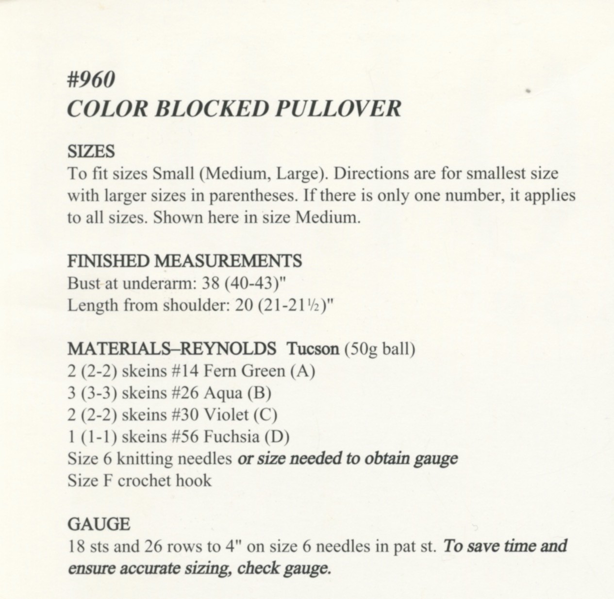 Reynolds Knitting Pattern 960 Tuscon Color Blocked Pullover - Top - Women
