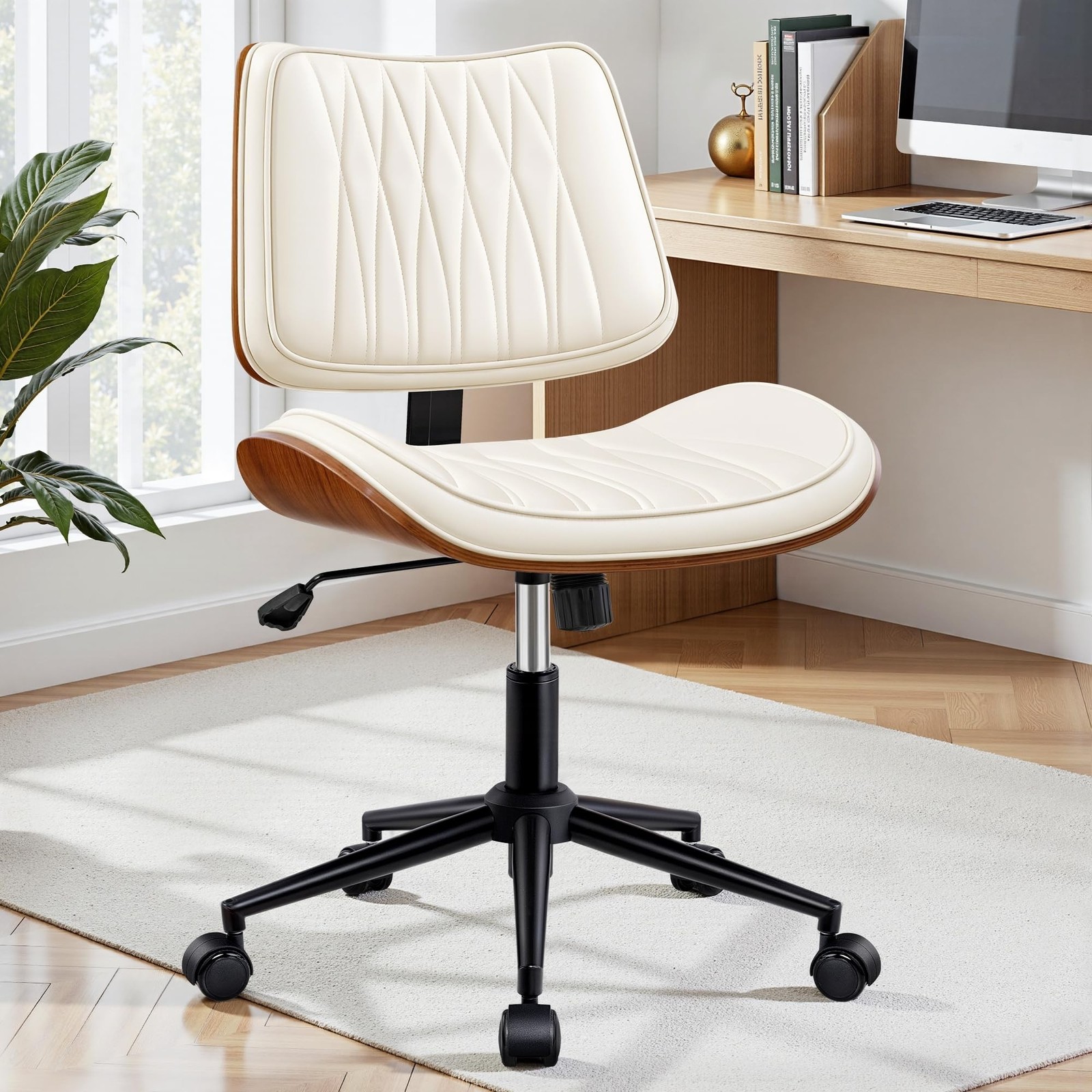 Ergonomic Armless Office Desk Chair - Mid-Century Modern White Faux Leather w...