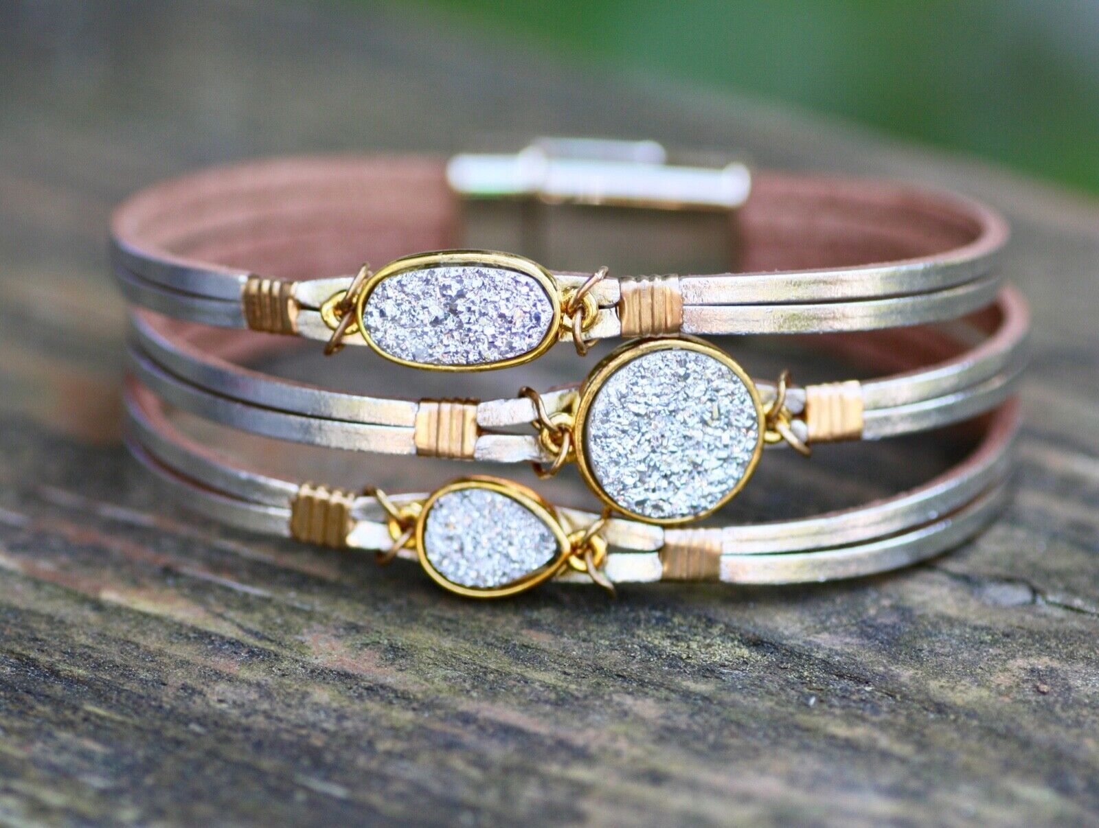 Metallic Color Silver Druzy Leather Cuff Bracelet , Magnetic Clasp , Canada