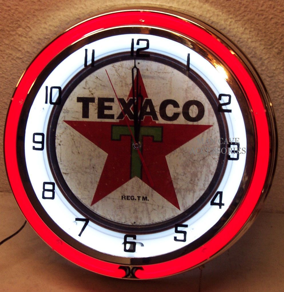 19" TEXACO Gasoline Motor Oil Gas Station Double Neon Clock 1936 Distressed Sign