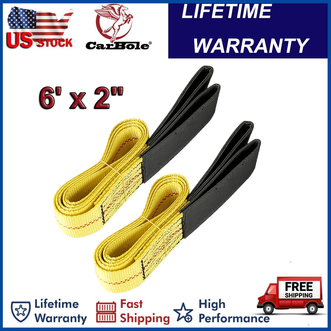 2Pcs 9000LBS Heavy Duty Flat Lifting Sling Strap Eye Polyester Webbing 6' x 2"