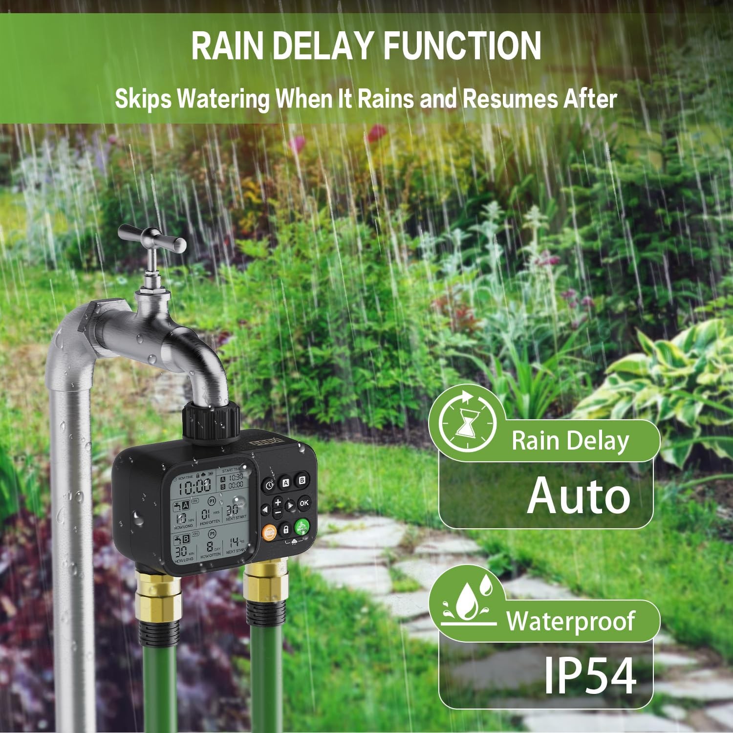 Programmable Dual Outlet Sprinkler Timer with Rain Delay for Garden Irrigation