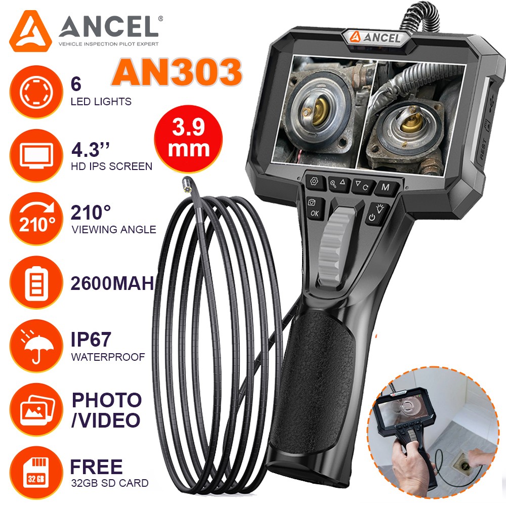 ANCEL AN303 Two-Way Articulating Borescope 3.9mm Slim Probe Industrial Endoscope