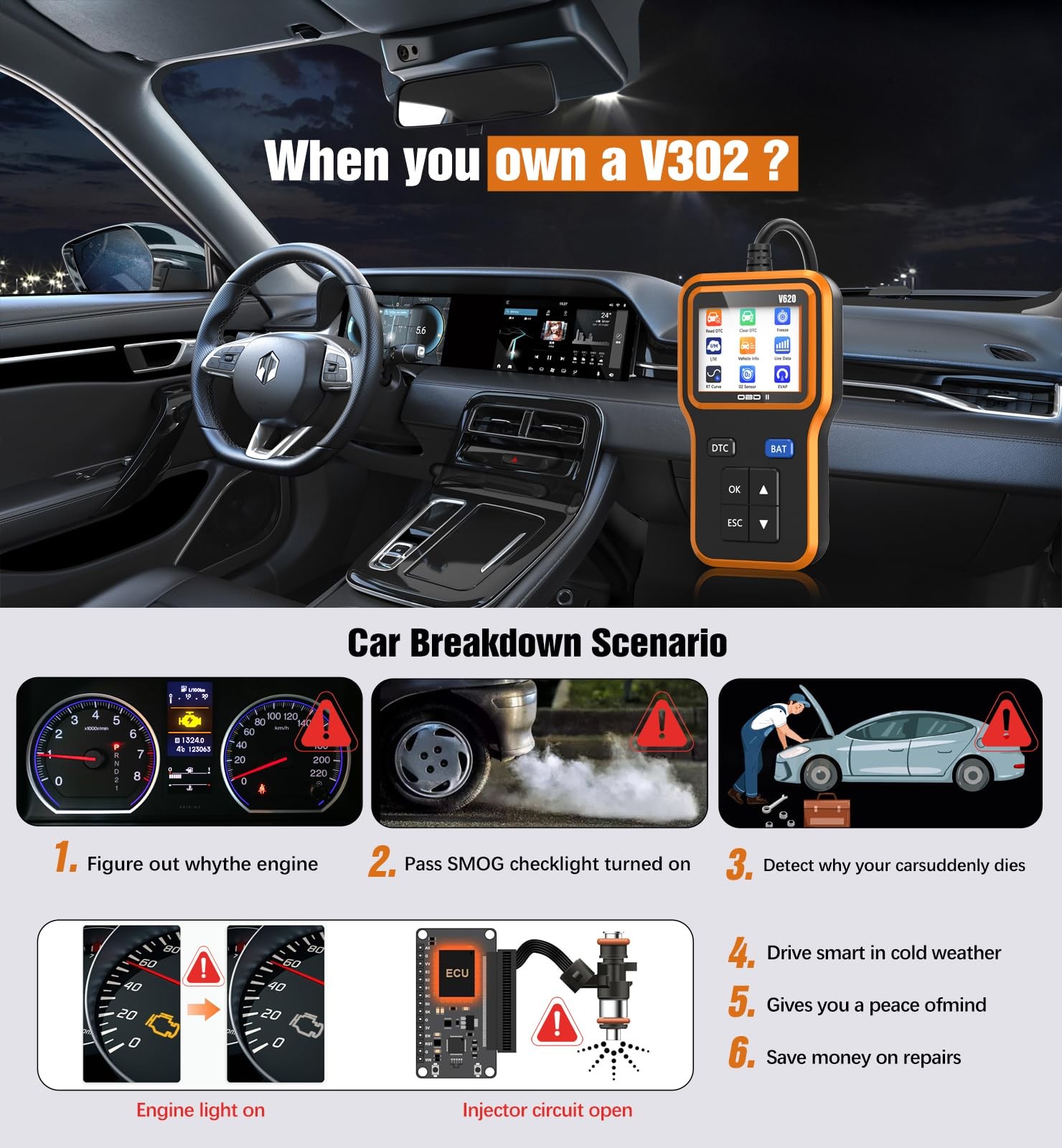OBD2 Scanner Battery Tester - Read Clear Engine Codes for All Vehicles