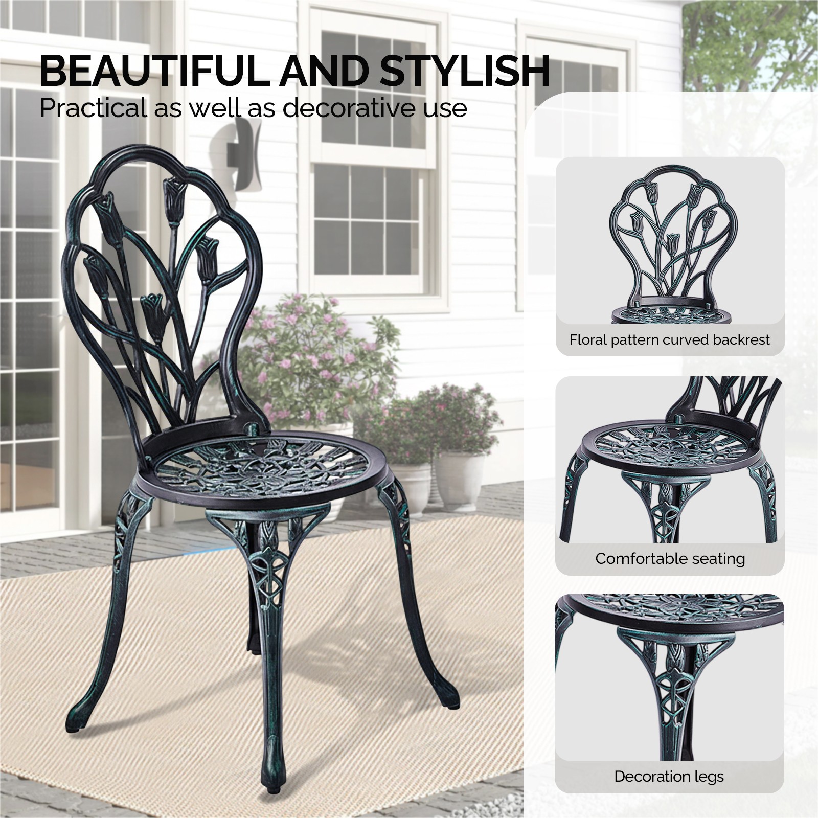 3 PCS Outdoor Bistro Set Cast Aluminum Tulip Bistro Table and Chair Green