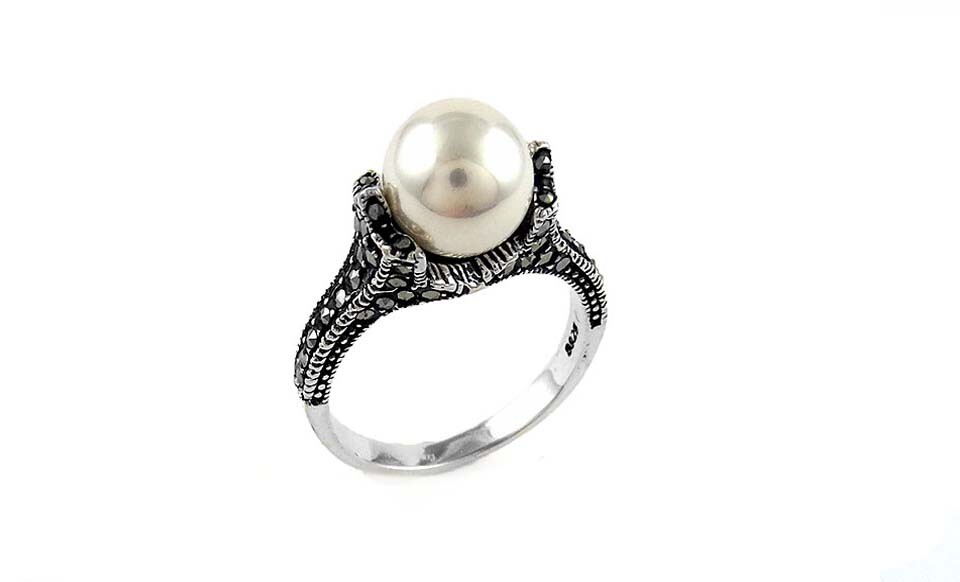 925 Sterling Silver Genuine Marcasite and Freshwater Pearl Ring - Sizes 5-9