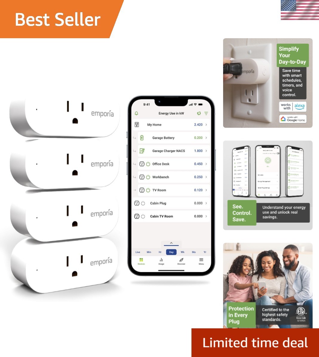 Remote Control Energy Monitoring Smart Plugs - 1200W WiFi Outlet Pack of 4