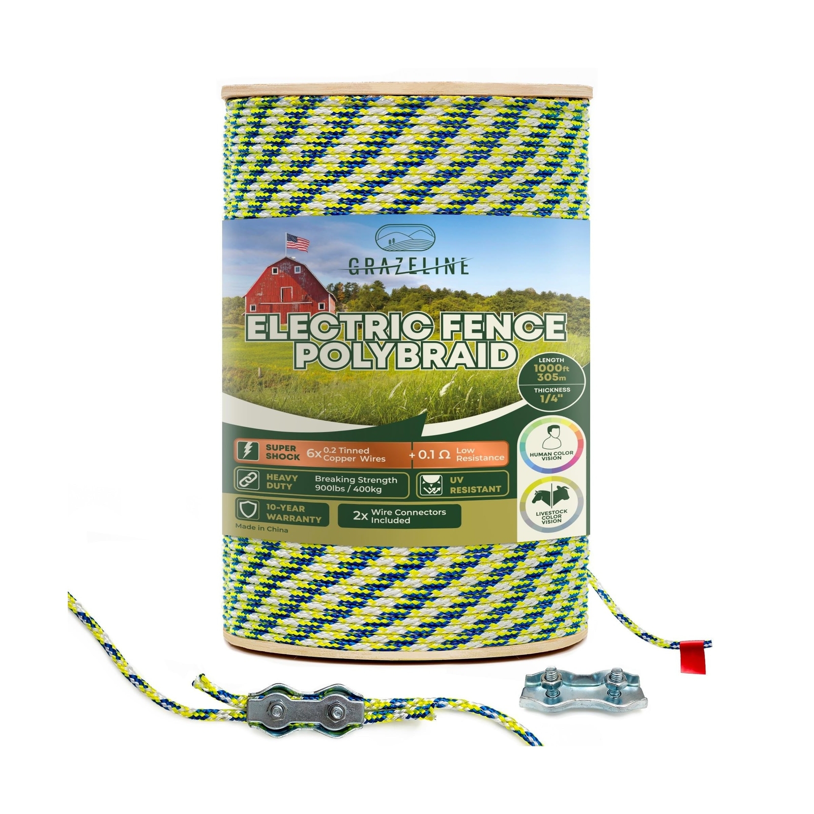 Electric Fence Polybraid 1/4" Rope 1000Ft (305m) - 6 x Tinned Copper Strands ...