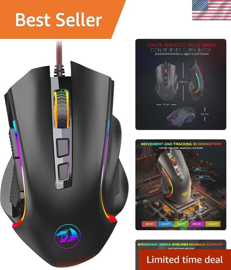 M602 Gaming Mouse, Ergonomic RGB Gaming Mouse Wired with 7200 Adjustable DPI,...