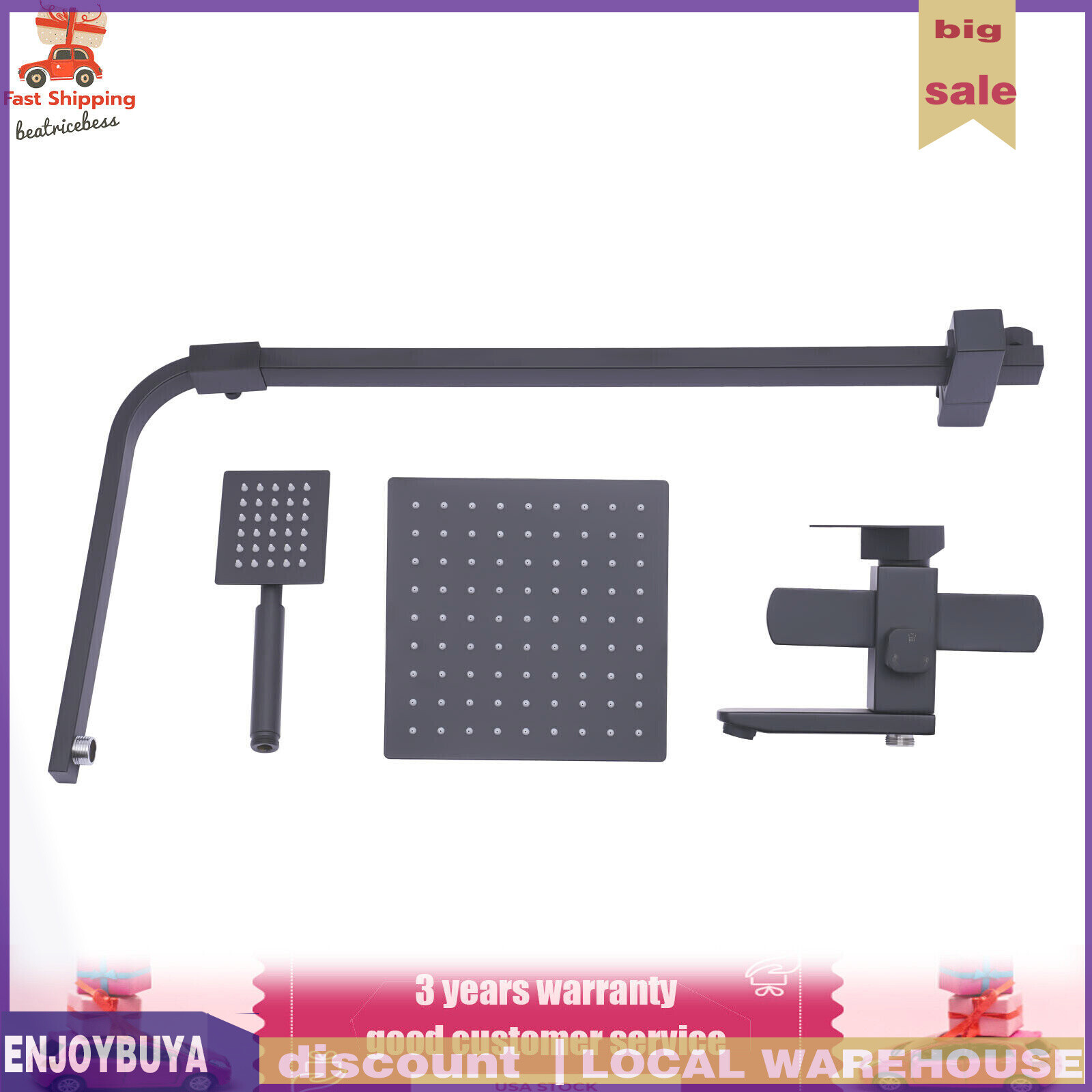 Shower Faucet Set System Rainfall Shower Head Handle Combo Kit Wall Mount Black
