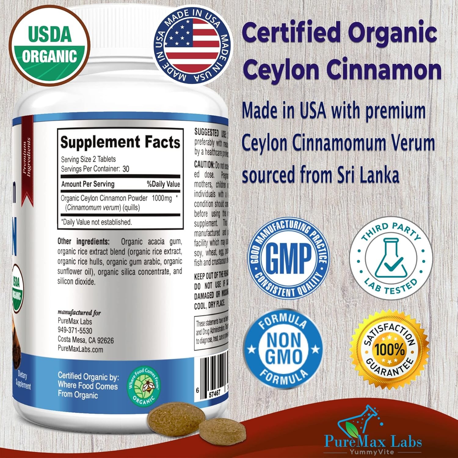 Organic Ceylon Cinnamon - 1000Mg per Serving, Certified Organic True Cinnamon Su