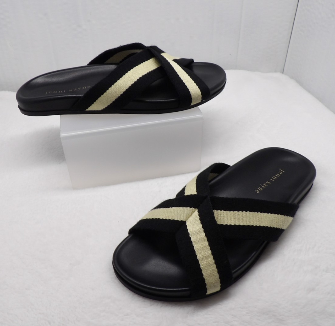 Jenni Kayne Cotton Cross Over Sandal Sz 8 8 .5 Black-Beige Women Designer Slides