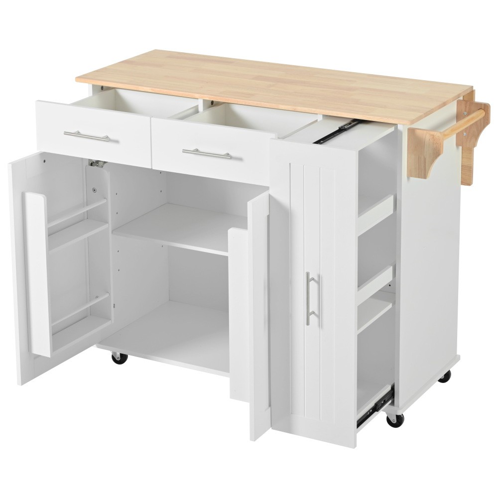 Kitchen Island with Drop Leaf with 3 Tier Pull Out Cabinet Organizer, White