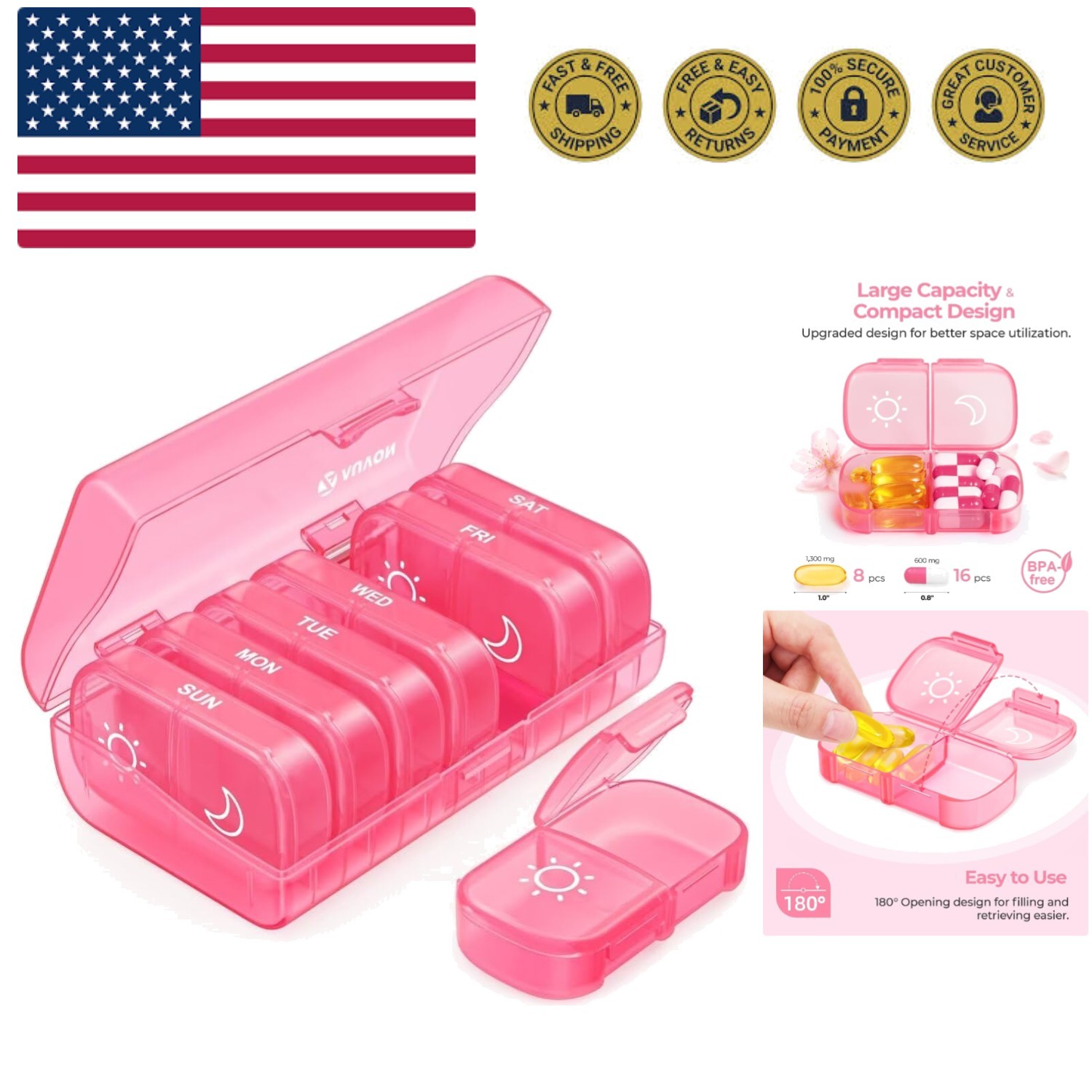 XL Weekly Pill Organizer 2 Times a Day, AM PM Pill Case with One-Side Large O...
