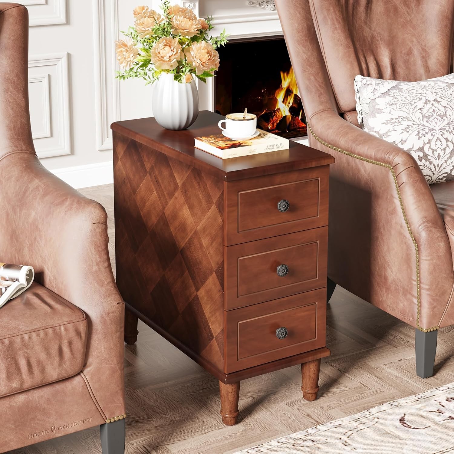 Solid Wood End Table – Narrow Side Table with Drawers