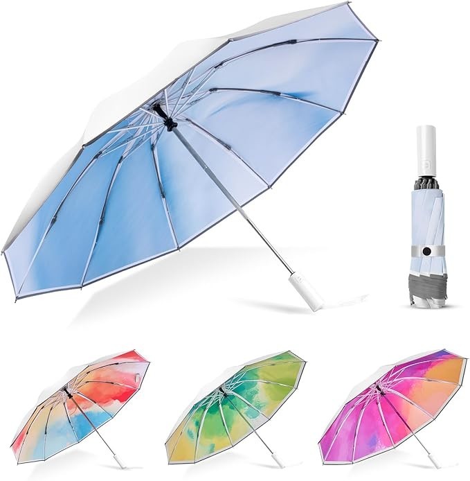 UPF 50+ UV Protection Travel Umbrella, Auto Folding Compact Portable Windproof