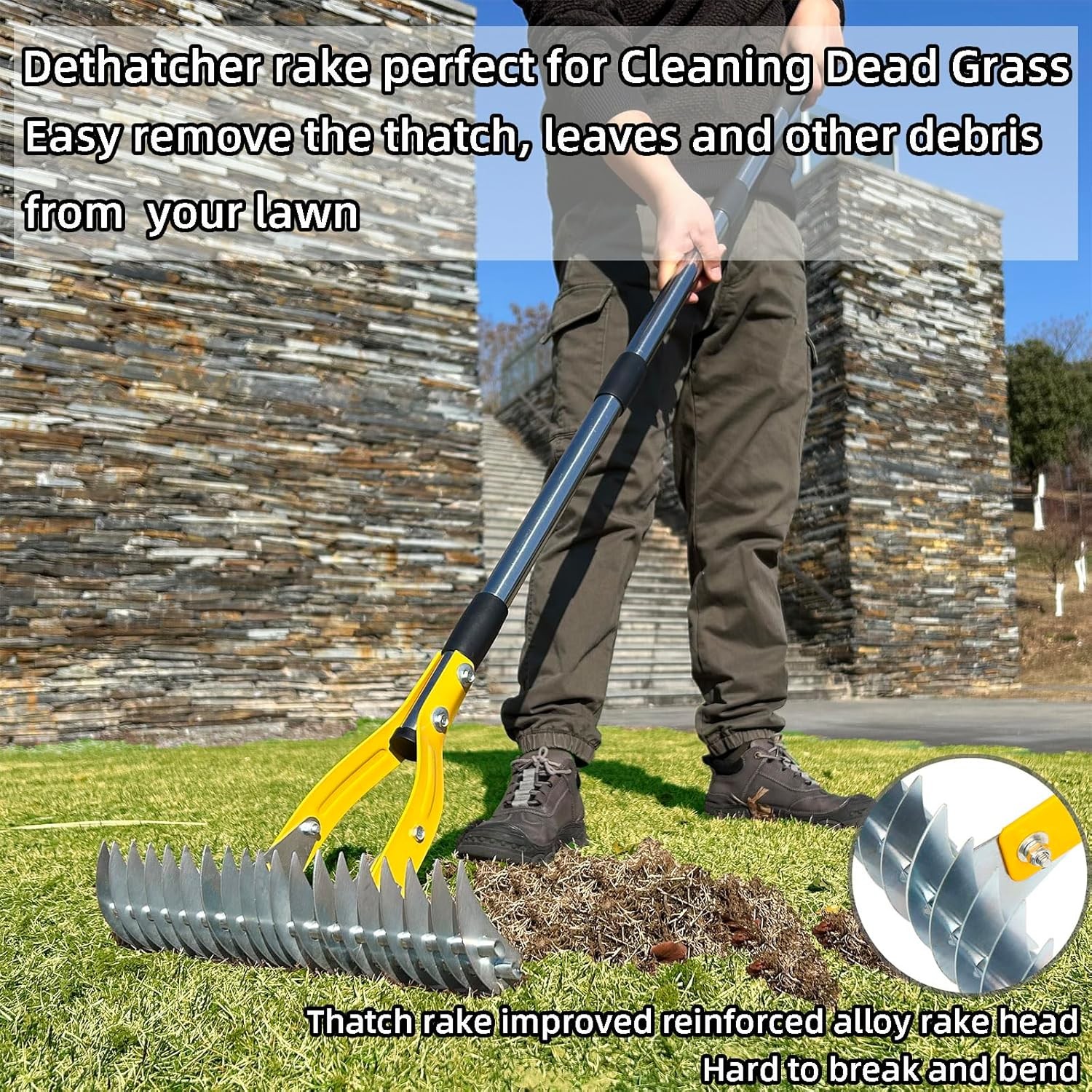 Thatch Rake 15 Inch Wide Efficient Dethatcher Rake for Cleaning Dead Grass