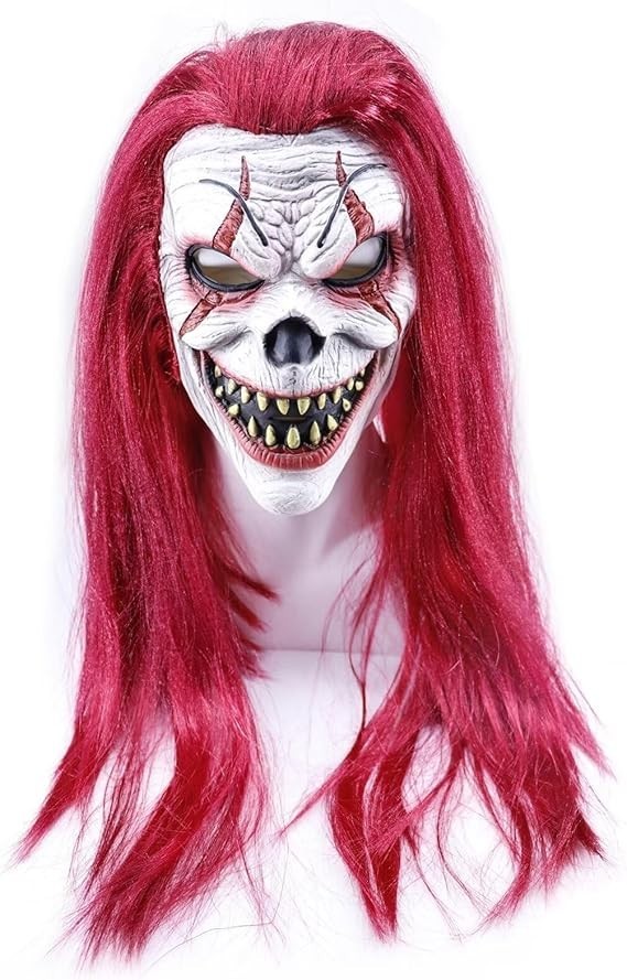 Scary Clown Mask Horror Devil Klown Headwear Long Hair Red Wig Halloween Cosplay