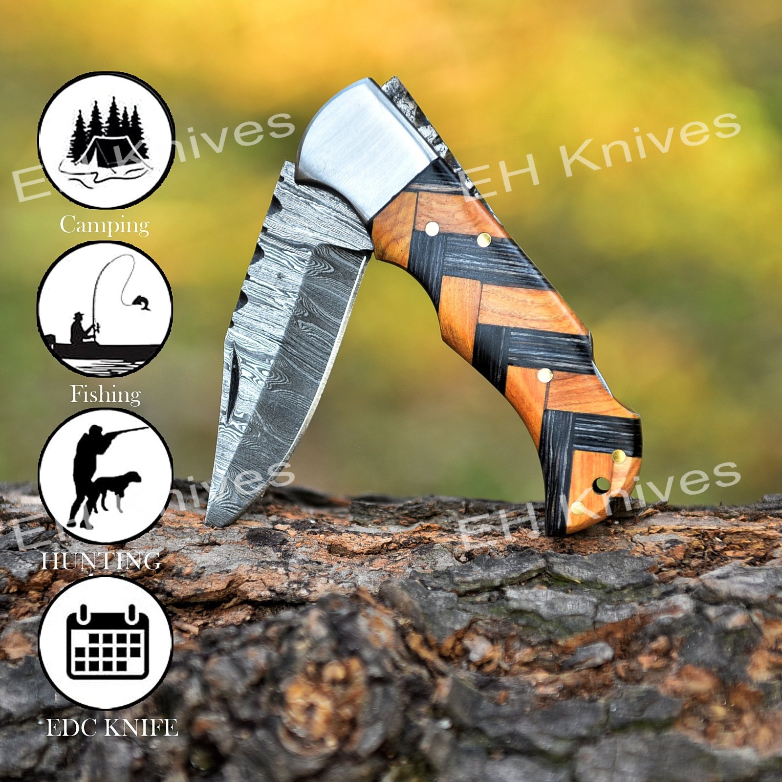 CUSTOM HANDMADE FORGED DAMASCUS STEEL FOLDING POCKET CAMPING KNIFE W/SHEATH