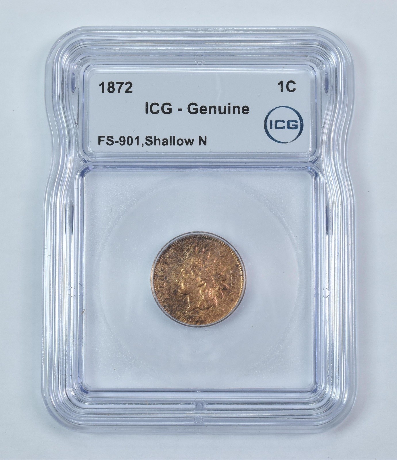 Error 1872 Indian Head Cent FS-901 Shallow N Genuine ICG *9256